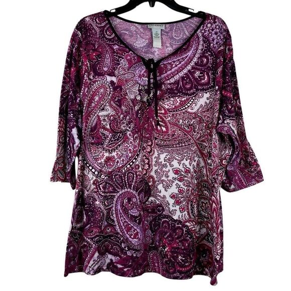 Catherine’s Purple Pink Paisley 3/4 Sleeve Tie Keyhole Blouse 2X - Picture 1 of 10